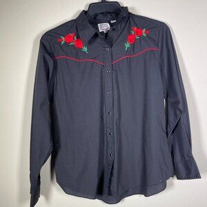 Country Charmers Women's Ely Western Black Embroidered Red Roses Snap Shirt XL!